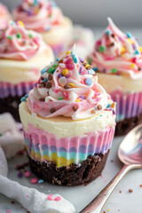 Close up of a colorful layered cheesecake cupcake topped with pink cream and candy sprinkles on a light background