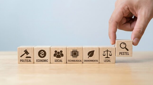 pestel analysis, business strategy, wooden blocks