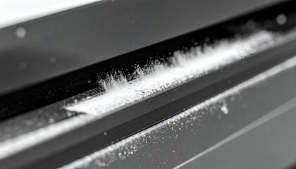 Close-up of white powder spilling onto black ridges