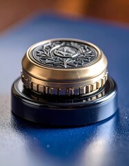 Detailed view of a decorative metallic object with intricate design