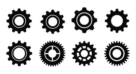 A collection of eight black gear icons arranged in a grid ideal for technical designs on transparent background silhouette high quality