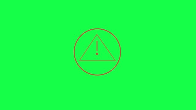 Dynamic red warning icon animation with an exclamation mark inside a triangle and circle, seamlessly looping on a vivid green screen background, conveying caution, alert, and danger messages as a vers