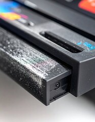 Close-up of a dark, textured electronic device with slots and detail