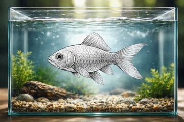 Hand-Drawn Fish Swimming in a Real Aquarium