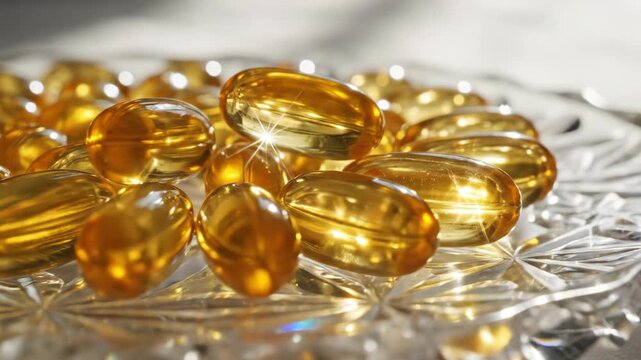 Golden omega-3 vitamin softgel capsules on a shiny glass surface. Close-up of health and beauty supplements with sparkling light. Skincare and nutrition concept