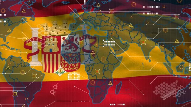 Animation of world map over waving spain background