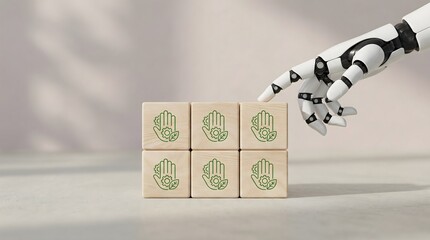 Fototapeta na wymiar robot hand touching wooden blocks with green handprint