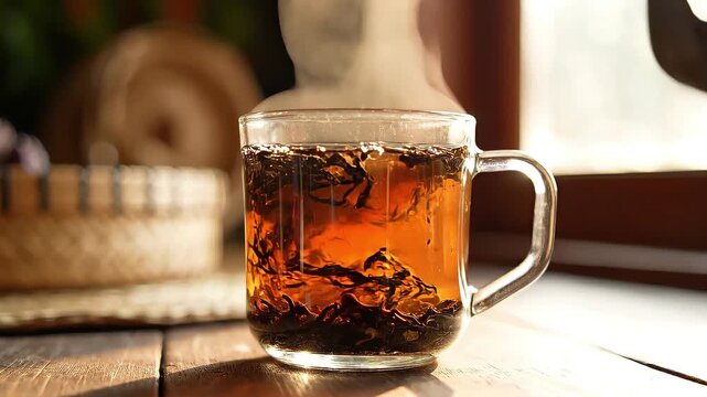 Pouring Hot Water Into Indonesian Teh Tubruk With Swirling Tea Leaves Close Up