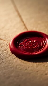 Vertical video: Sliding camera drawing closer to red wax seal on beige parchment, revealing flecks
