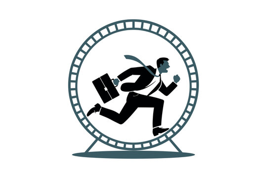 A stressed businessman runs in a hamster wheel with briefcase and laptop
