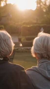 Vertical video: Sun nudging two seniors in jacket and hoodie leaning closer on bench by garden pond