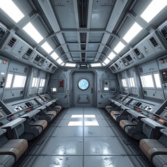 Interior of a futuristic spacecraft, with controls and a window view