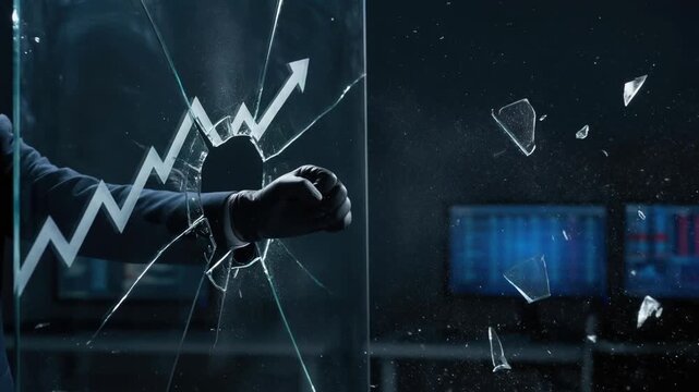 Business risk control graph arrow ai concept businessman fist smashing glass screen aggressive growth broken glass shard detail risk controls punch