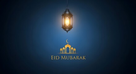 Eid mubarak greeting with lantern and mosque illustration