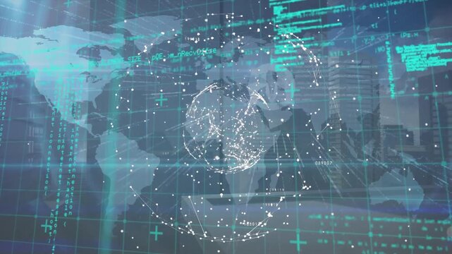 Animation of data processing over globe of network of connections and world map on green background