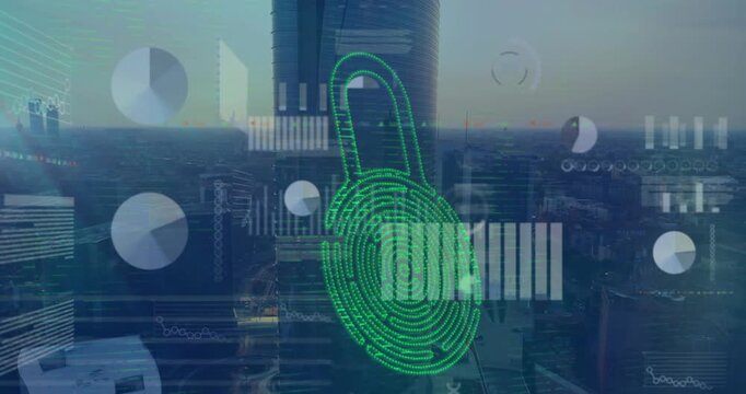Animation of security padlock icon and screens with data processing over aerial view of cityscape