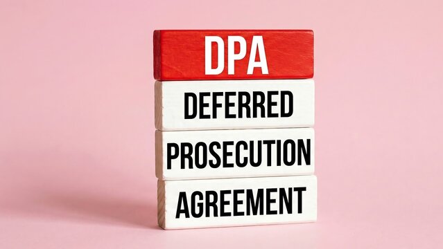 A colorful blocks displaying the acronym DPA and DEFERRED PROSECUTION AGREEMENT on a pink background. Concept of corporate law,