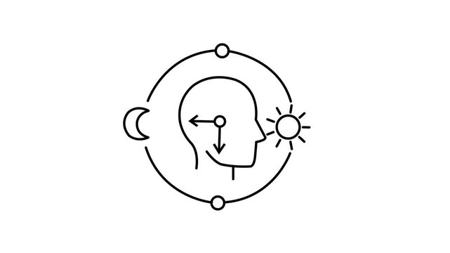 Animated looping minimalist black and white line art icon depicting a human head with an internal clock, encircled by orbiting sun, moon, and abstract elements, symbolizing circadian rhythm and daily 