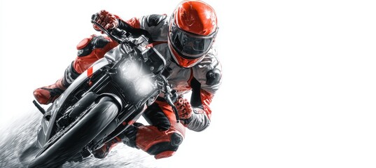 Biker on motocross on white background. Generative AI technology.	
