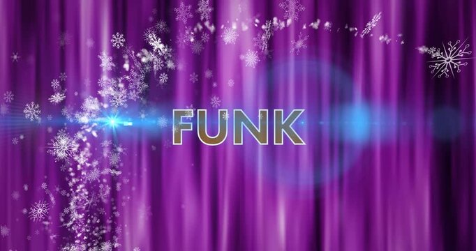 Animation of funk text over light trails and snowflakes on purple background