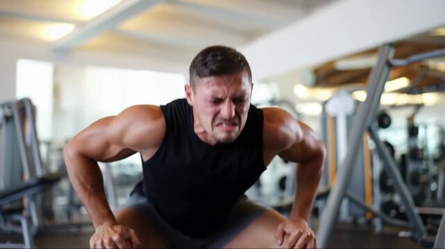 Lega day pain: Muscular guy shows all the fatigue on his face from the squats he is doing in the gym.