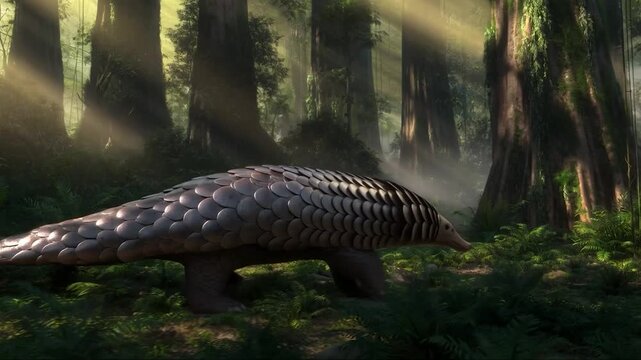 Rare giant pangolin walking through ancient tropical rainforest with sun rays filtering through giant trees: wildlife conservation concept.