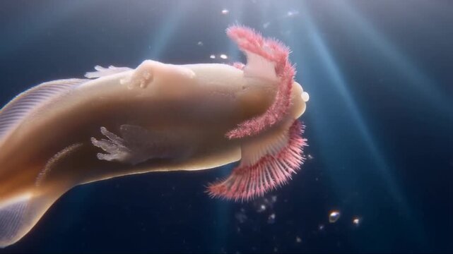Close-up of an axolotl swimming underwater with light rays, pink external gills of Mexican salamander in deep blue water.