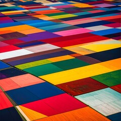 Aerial view of vividly colored geometric fields in an abstract pattern