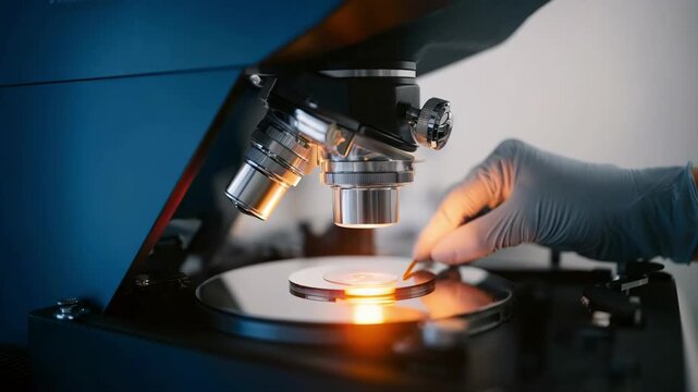 Medium shot of a technician visually inspecting a compact disc under bright lighting to detect surface scratches and imperfections