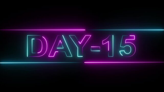 Dynamic neon animation displaying 'DAY-15' with vibrant glowing cyan and magenta outlines, complemented by sleek horizontal lines, creating a futuristic digital countdown or progress title card loop.