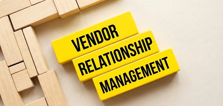 A coloured blocks with words VENDOR RELATIONSHIP MANAGEMENT on a white background. Concept for supply chain coordination new