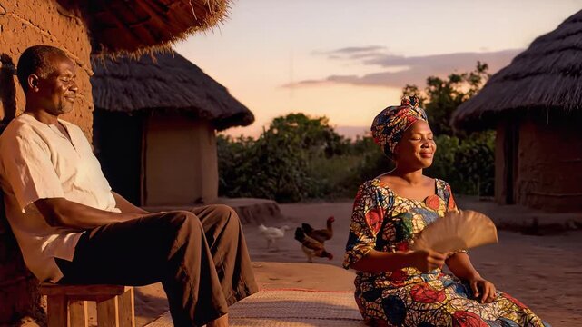 African Couple Relaxing Outside Traditional Huts at Sunset