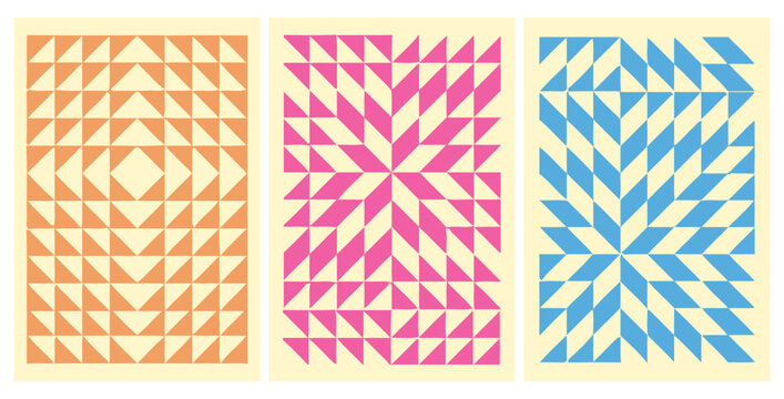 Set of three abstract geometric wall art prints featuring colorful repeating triangle quilt block patterns in orange pink and blue