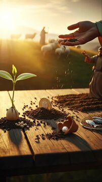 Biblical parables of Jesus Christ, sower sowing seeds, spiritual growth, new life from humble origins, divine wisdom, shepherd with flock, faith, ancient teachings, eternal harvest