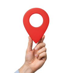 Hand Holding Red Map Pin Isolated on PNG Background.