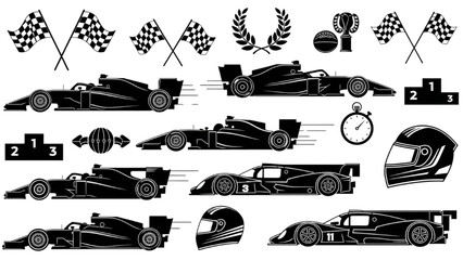 Racing cars speeding around the track with checkered flags waving © Stock Image Paradise