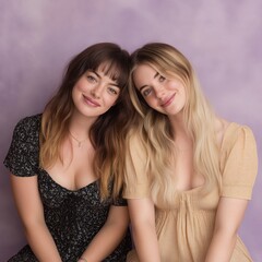Two young women sitting together on pastel background, friendly portrait, authentic smile, natural beauty and friendship concept.