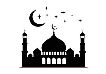 Mosque silhouette with crescent moon and stars isolated on white background