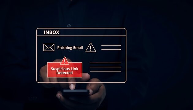 A person receiving a phishing email alert on their mobile device in a dark environment.