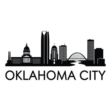 Oklahoma city skyline silhouette with text below black and white design