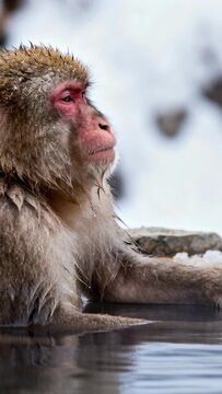 Vertical video: Soaking macaque in onsen for warmth, camera opening, blinking slightly, copy space