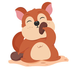 Obraz premium Cute squirrel cartoon character sitting and eating an acorn with happy expression. Flat vector animal illustration perfect for kids content, education, stickers and children designs.