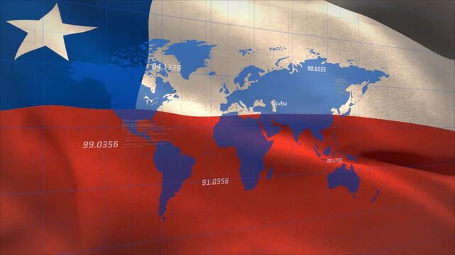 Animation of numbers floating over world map against waving chile flag