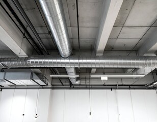 Industrial ceiling showing ventilation ducts and concrete beams