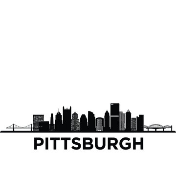 A striking black silhouette of the pittsburgh skyline with city name