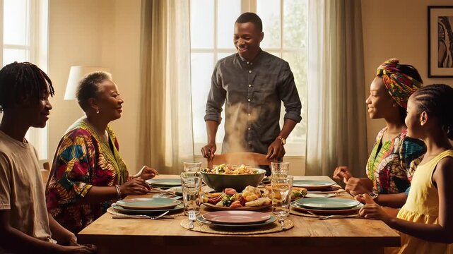 Happy African Family Serving Hot Meal Traditional Clothes Dinner Table
