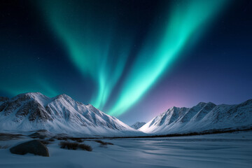 Arctic night landscape in Greenland with northern lights dancing over snowy mountains, starry sky, vibrant green aurora, untouched nature