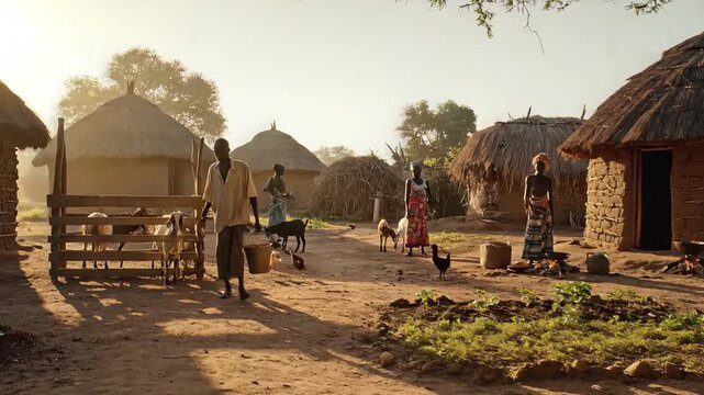 African Daily Life Man Drawing Water from Well at Sunrise in Rural Village