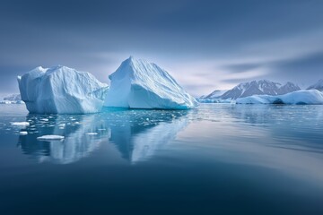 Greenland iceberg field with reflective water surface, blue and white tones, calm and surreal mood, environmental conservation concept