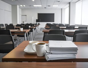 Empty classroom set up for a presentation, with coffee and papers on a desk